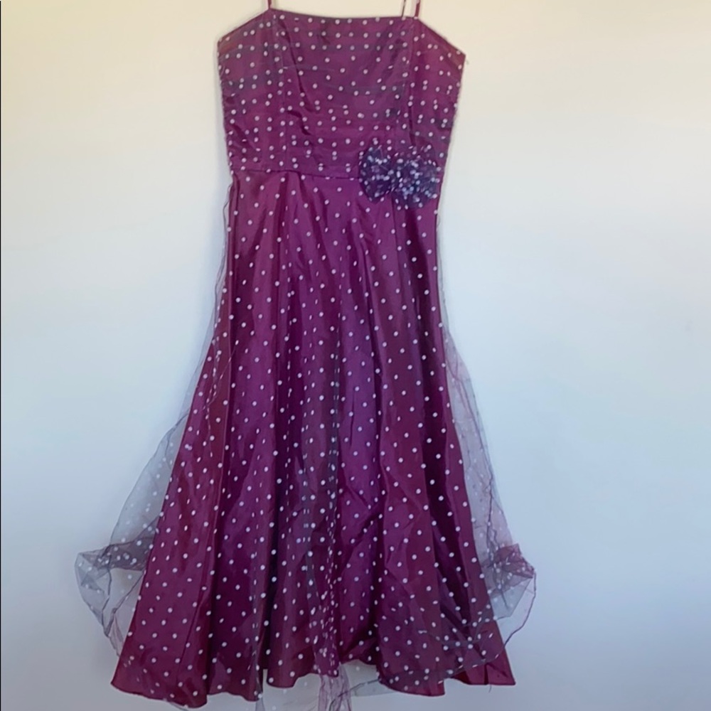Purple Satin dress with tulle polka dot overlay